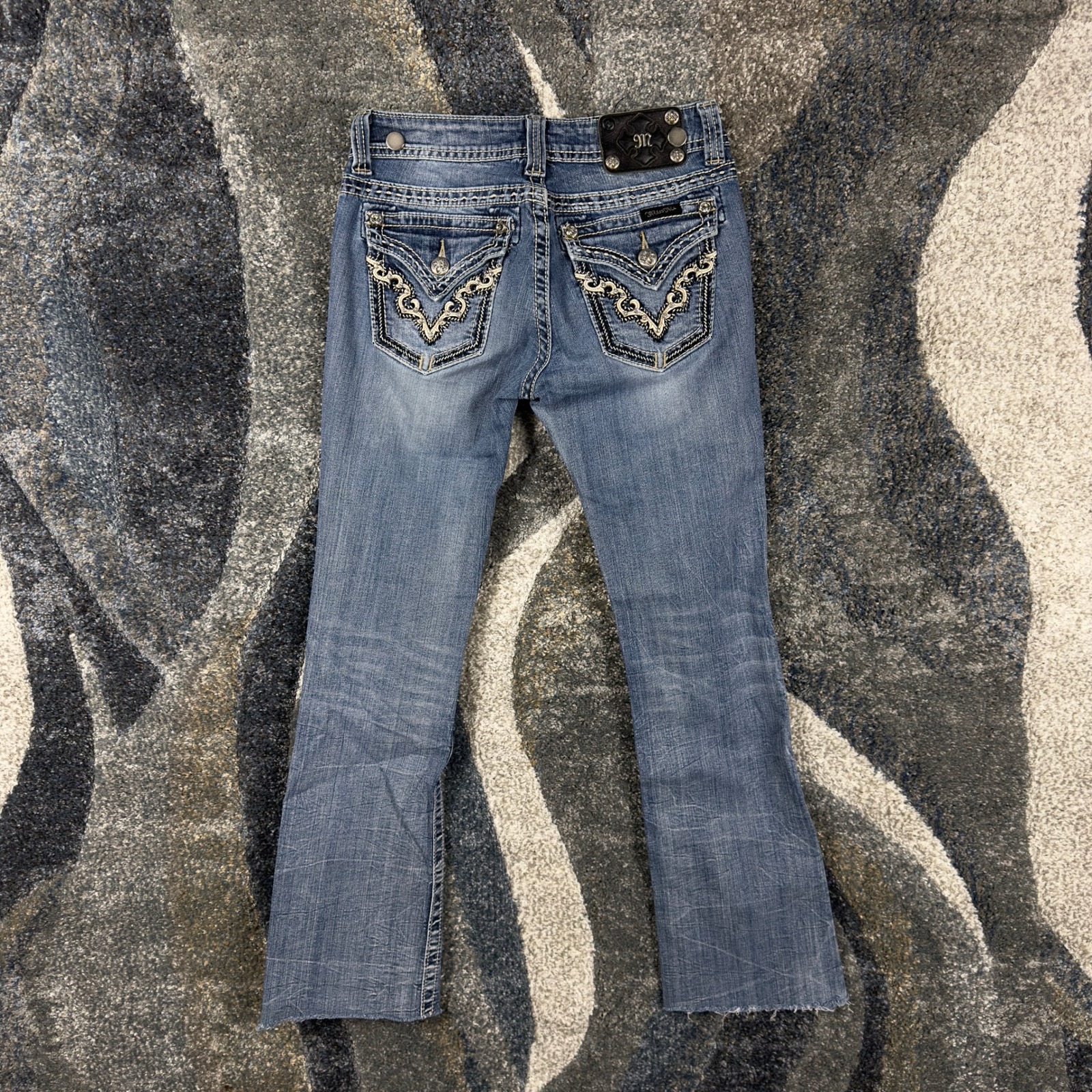 Y2k Miss Me Bootcut Jeans Medium Wash Embellished Flap Pocket Raw Hem Size 27